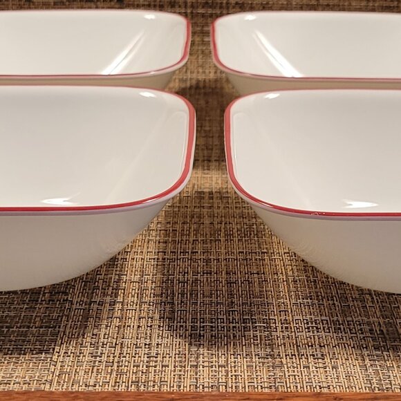 Corelle Set (4) CEREAL Salad BOWL Square White & RED Trim CORNING Vintage 6 1/4" - Picture 2 of 11